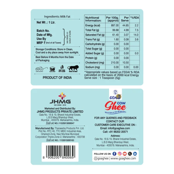 Goa A1 Pure Cow Ghee 1Ltr. - Plastic Bottle