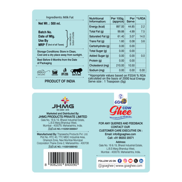 Goa A1 Pure Cow Ghee 500ML - Plastic Bottle