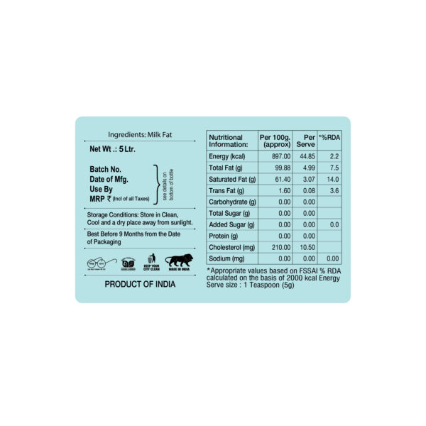 Goa A1 Pure Cow Ghee 5Ltr. - Plastic Bottle