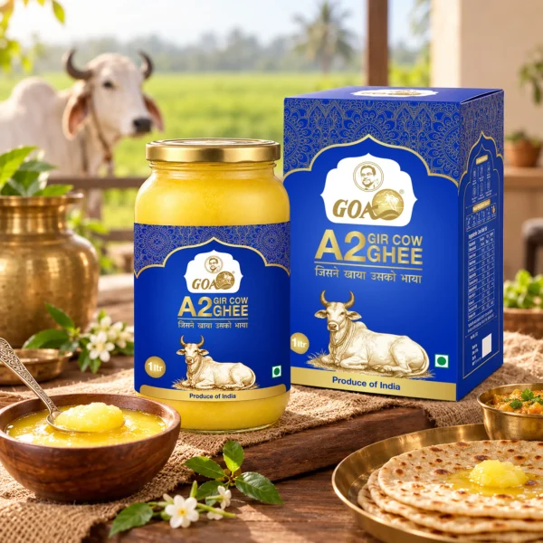 Goa A2 Cow Ghee 1Ltr. - Glass Bottle with Carton Box & Thermocol Packaging