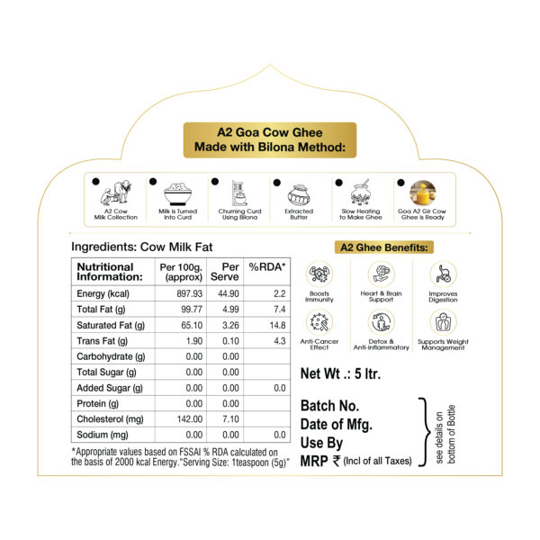 Goa A2 Cow Ghee 5Ltr. - Glass Bottle with Carton Box & Thermocol Packaging